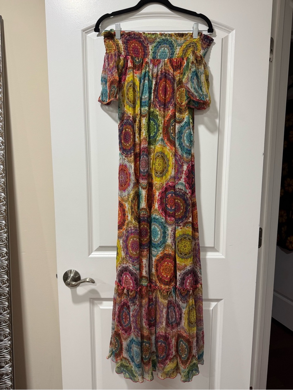 FUZZI Multicolor Off-Shoulder Maxi Dress with Ornamental Medallion Print